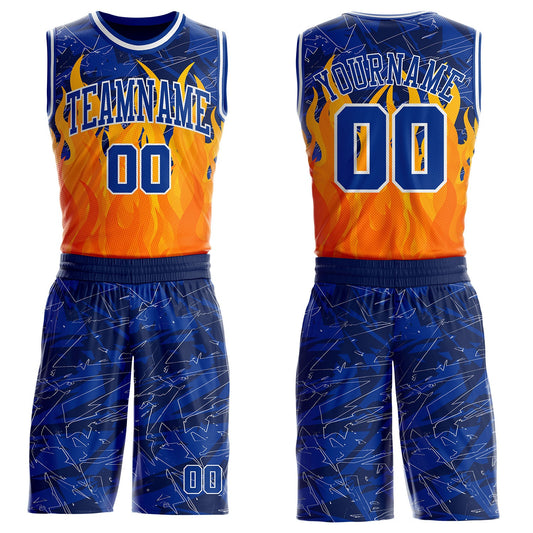 Custom Blue Royal Yellow-White Blazing Flames Round Neck Sublimation Basketball Uniform Jersey - Main View