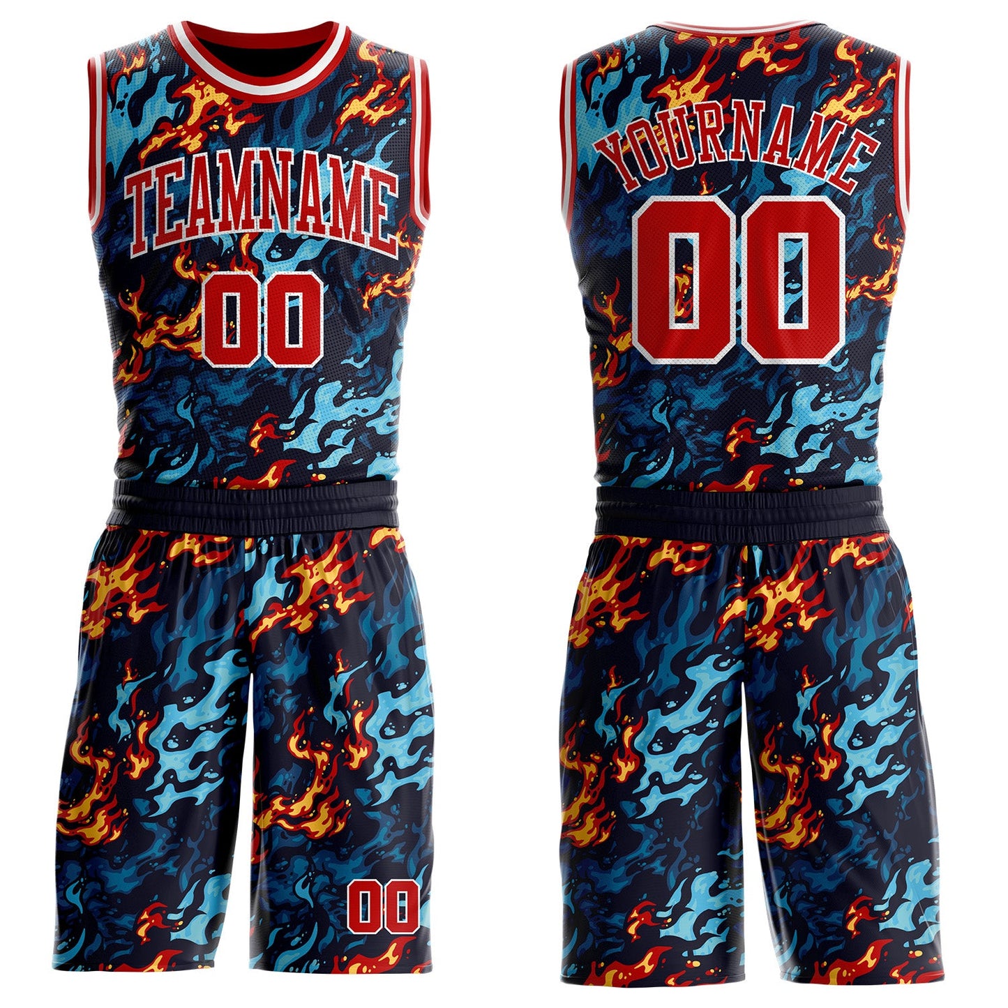 Custom Blue Red Yellow-White Irregular Fire Flames Round Neck Sublimation Basketball Uniform Jersey - Main View