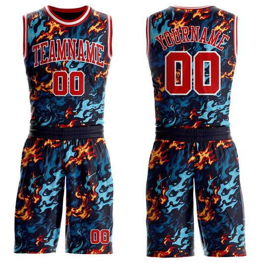 Custom Blue Red Yellow-White Irregular Fire Flames Round Neck Sublimation Basketball Uniform Jersey - Main View