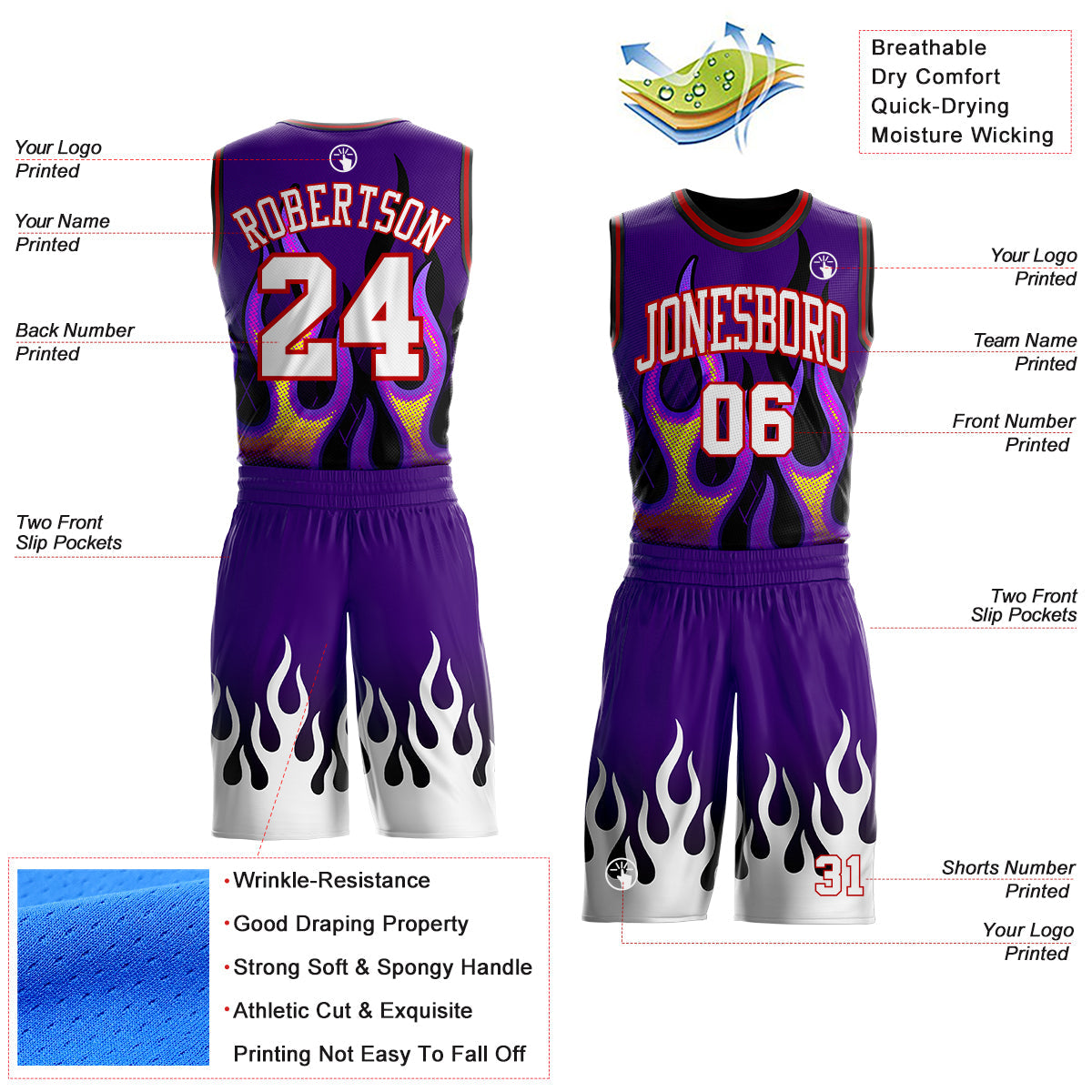 Custom Purple White Red-Black Irregular Fire Flames Round Neck Sublimation Basketball Uniform Jersey view 2