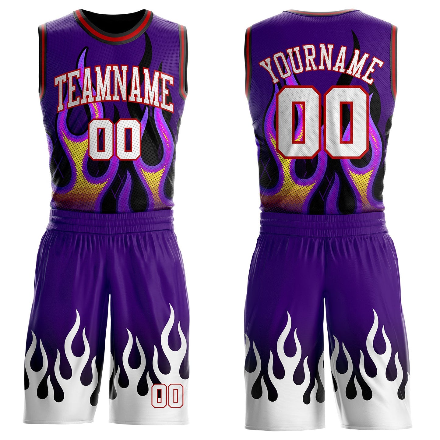 Custom Purple White Red-Black Irregular Fire Flames Round Neck Sublimation Basketball Uniform Jersey - Main View