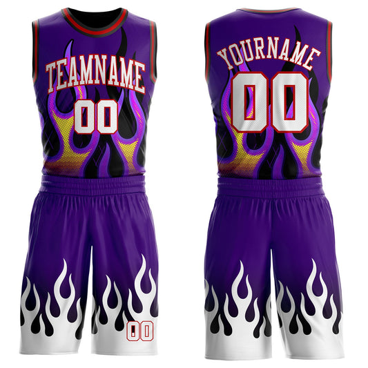 Custom Purple White Red-Black Irregular Fire Flames Round Neck Sublimation Basketball Uniform Jersey - Main View