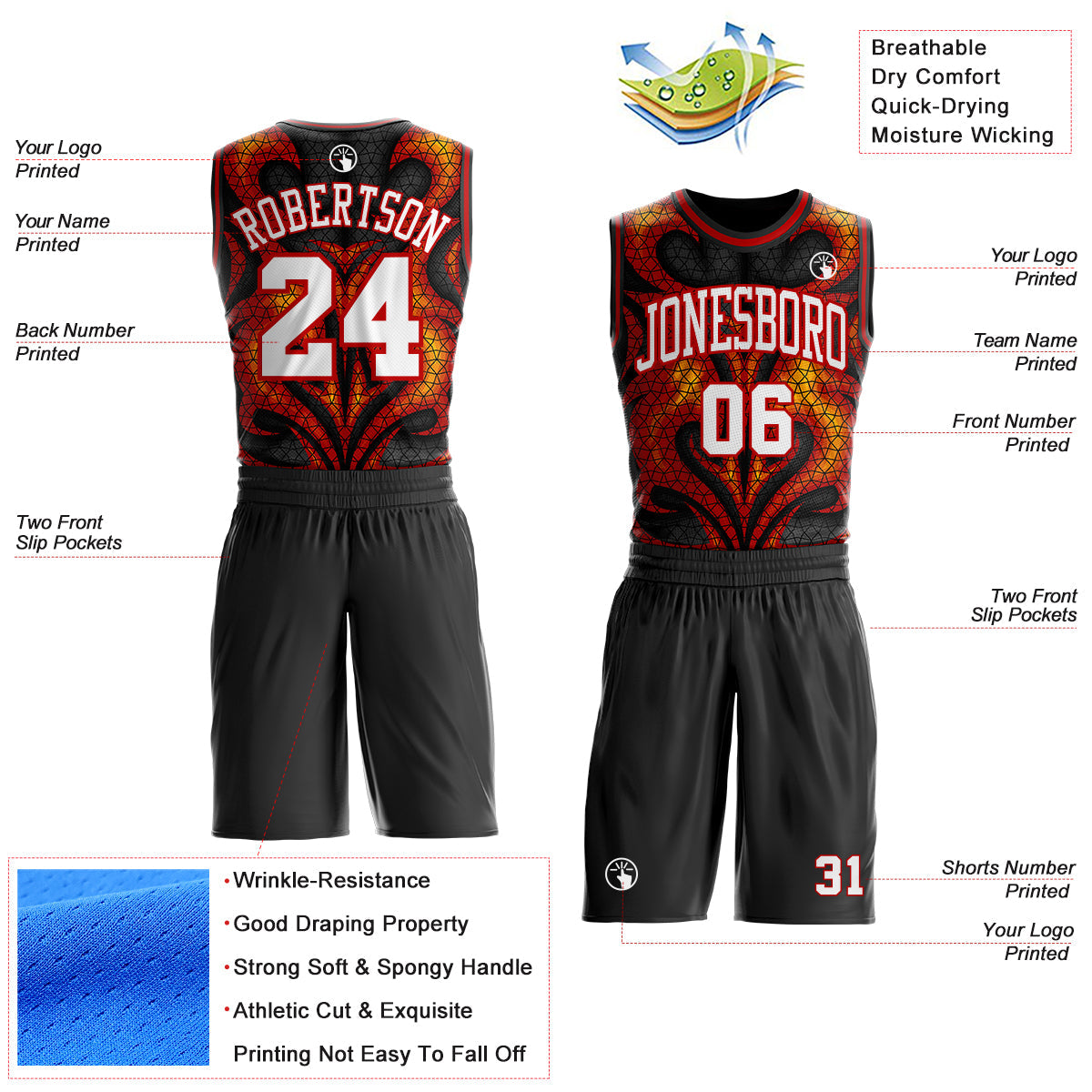 Custom Black White Yellow-Red Irregular Fire Flames Round Neck Sublimation Basketball Uniform Jersey view 2