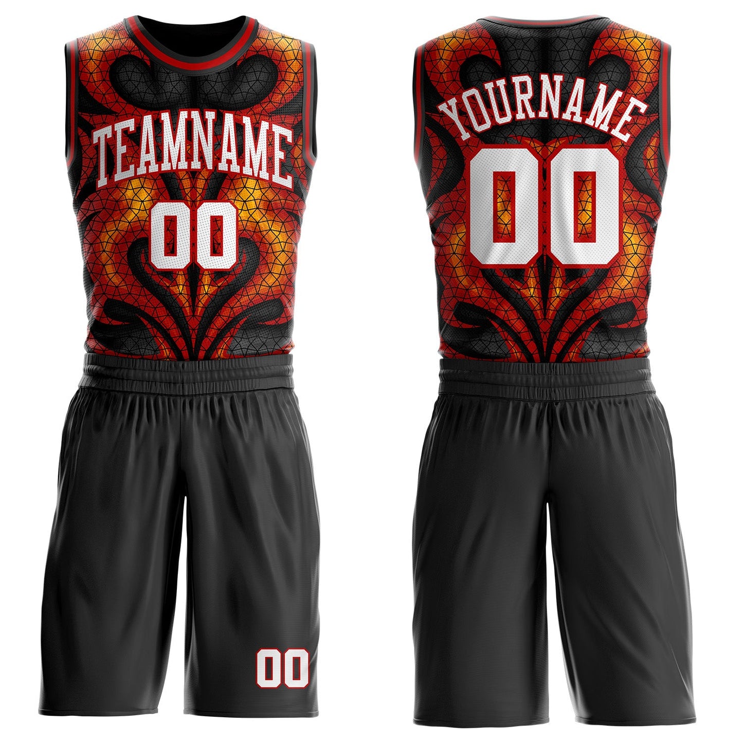 Custom Black White Yellow-Red Irregular Fire Flames Round Neck Sublimation Basketball Uniform Jersey - Main View
