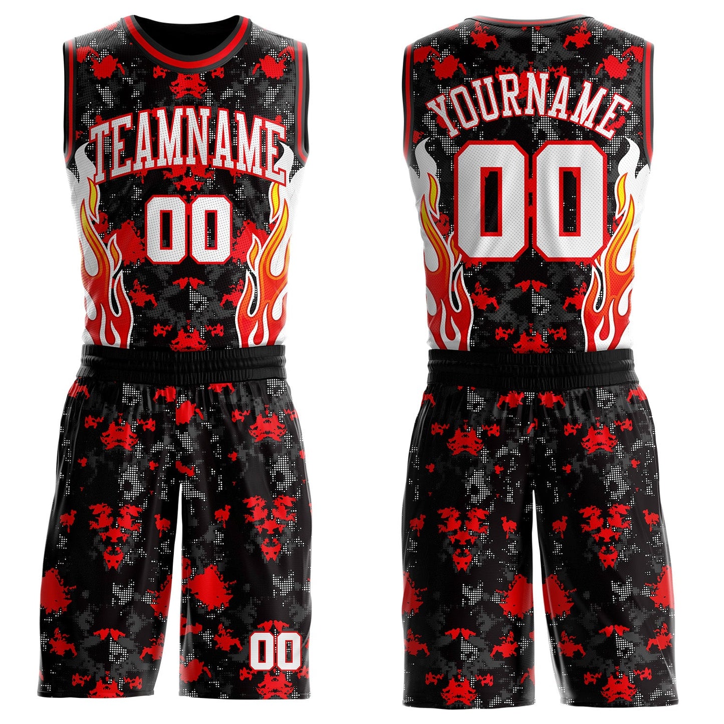 Custom Black White-Fire Red Irregular Fire Flames Round Neck Sublimation Basketball Uniform Jersey - Main View