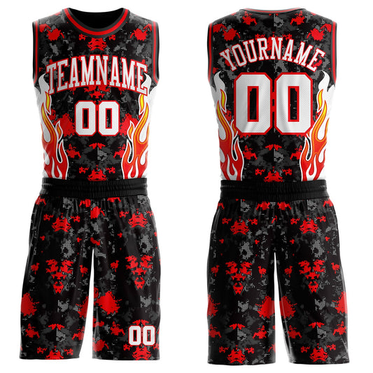Custom Black White-Fire Red Irregular Fire Flames Round Neck Sublimation Basketball Uniform Jersey - Main View