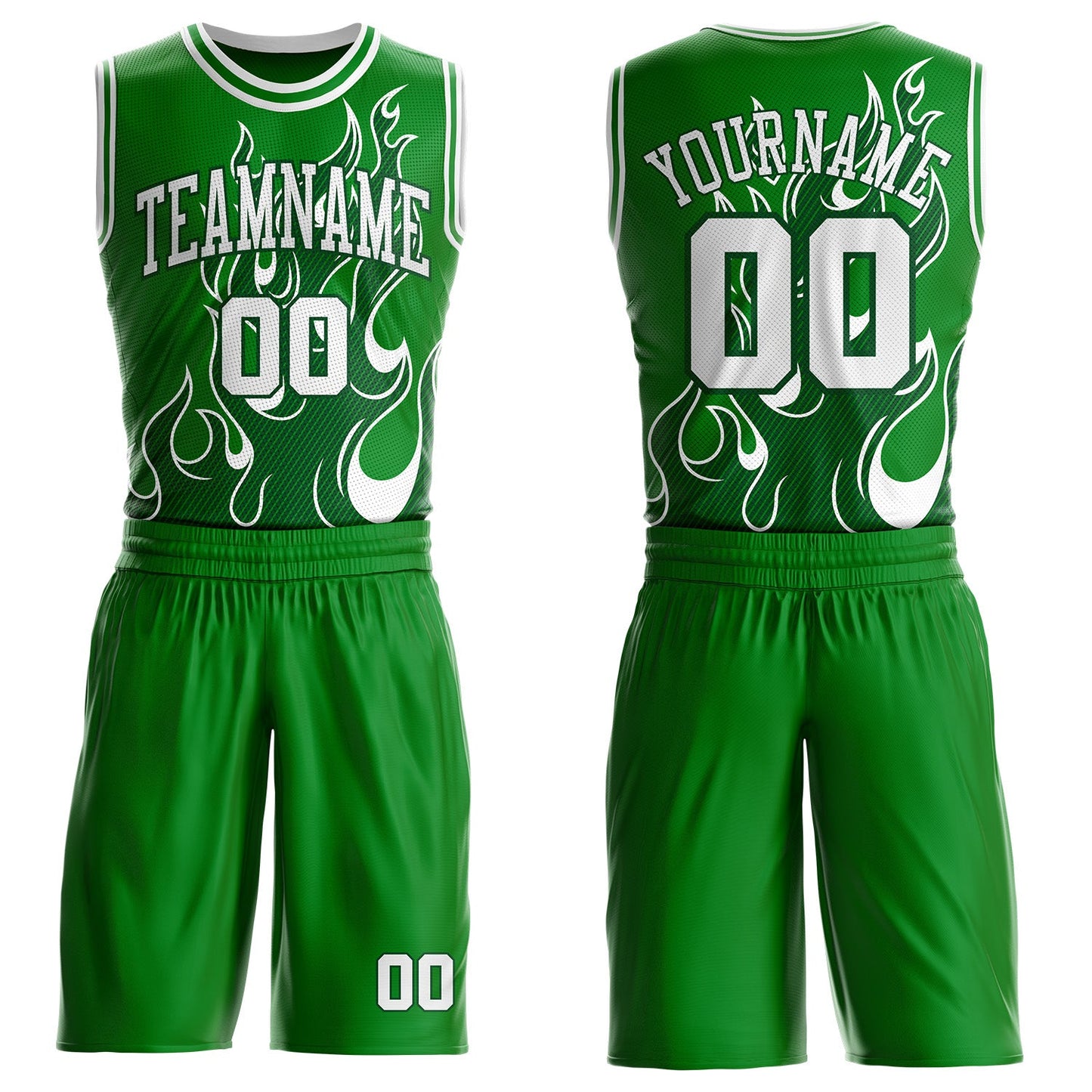 Custom Grass Green White-Green Irregular Fire Flames Round Neck Sublimation Basketball Uniform Jersey - Main View