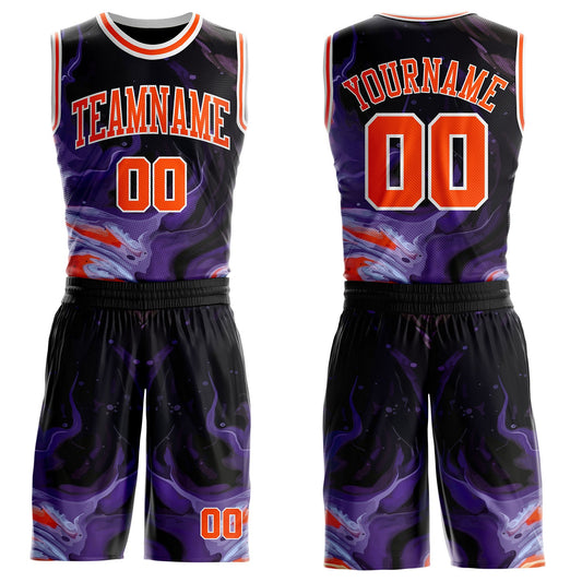 Custom Black Orange Purple-White Irregular Fire Flames Round Neck Sublimation Basketball Uniform Jersey - Main View