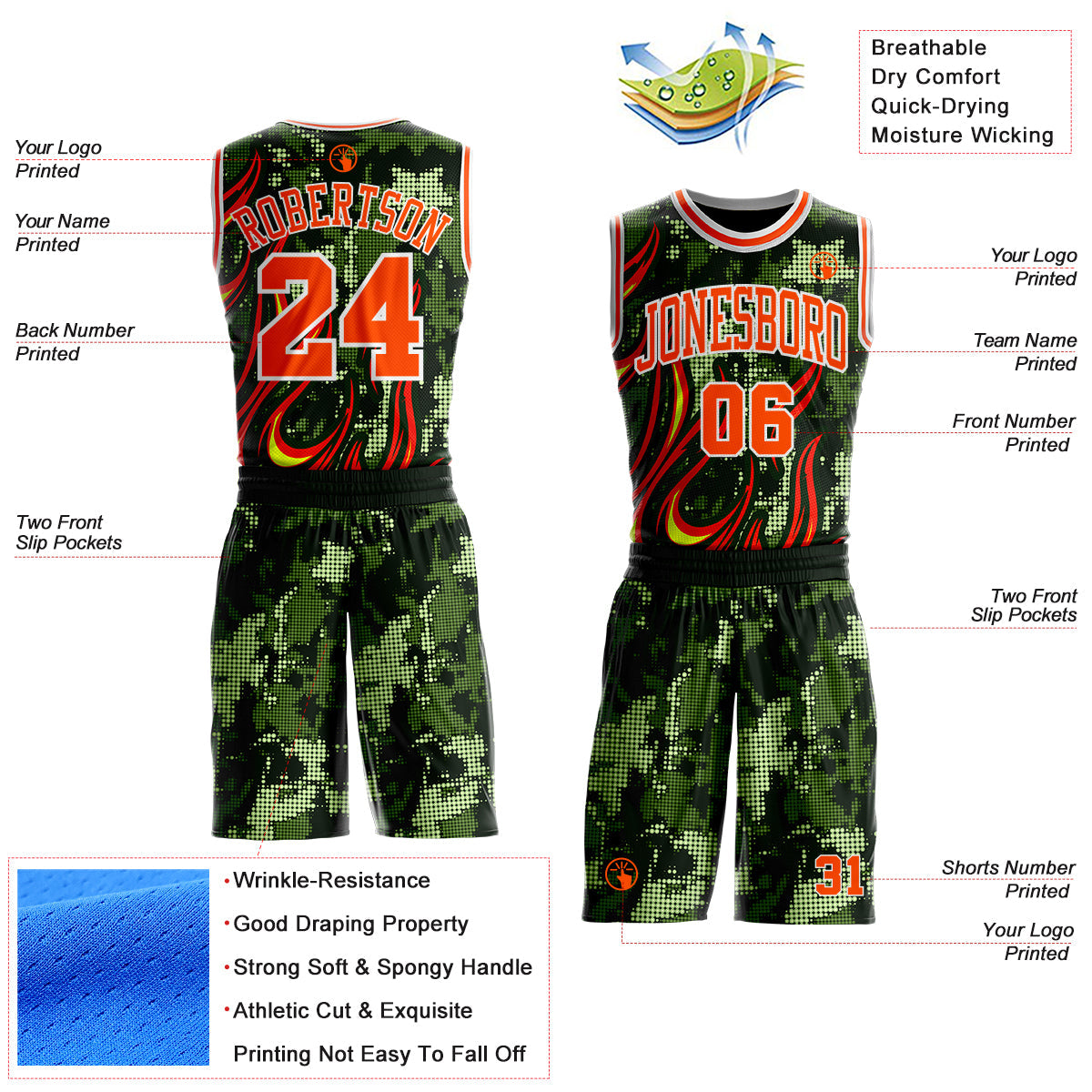 Custom Green Orange-White Irregular Fire Flames Round Neck Sublimation Basketball Uniform Jersey view 2