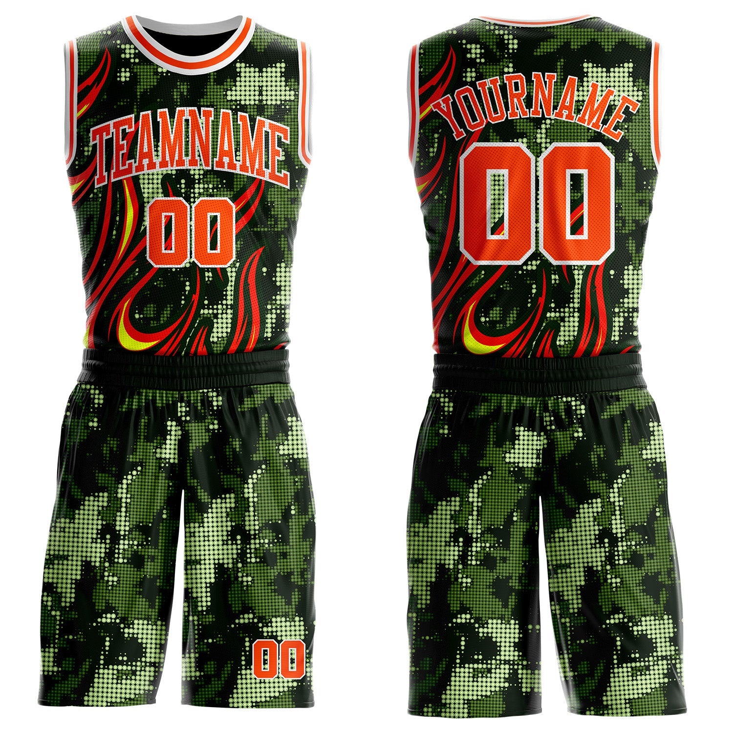 Custom Green Orange-White Irregular Fire Flames Round Neck Sublimation Basketball Uniform Jersey - Main View