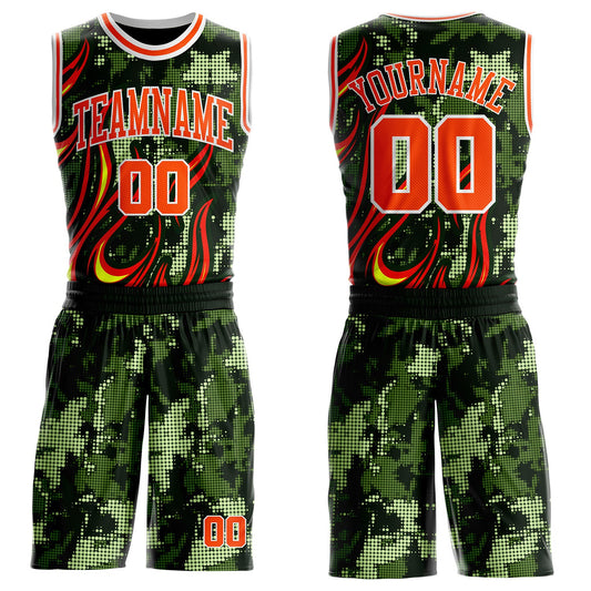 Custom Green Orange-White Irregular Fire Flames Round Neck Sublimation Basketball Uniform Jersey - Main View