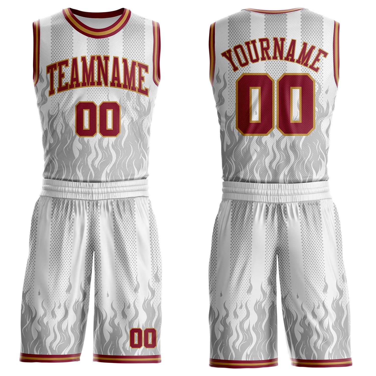 Custom White Crimson Gray-Old Gold Irregular Fire Flames Round Neck Sublimation Basketball Uniform Jersey - Main View