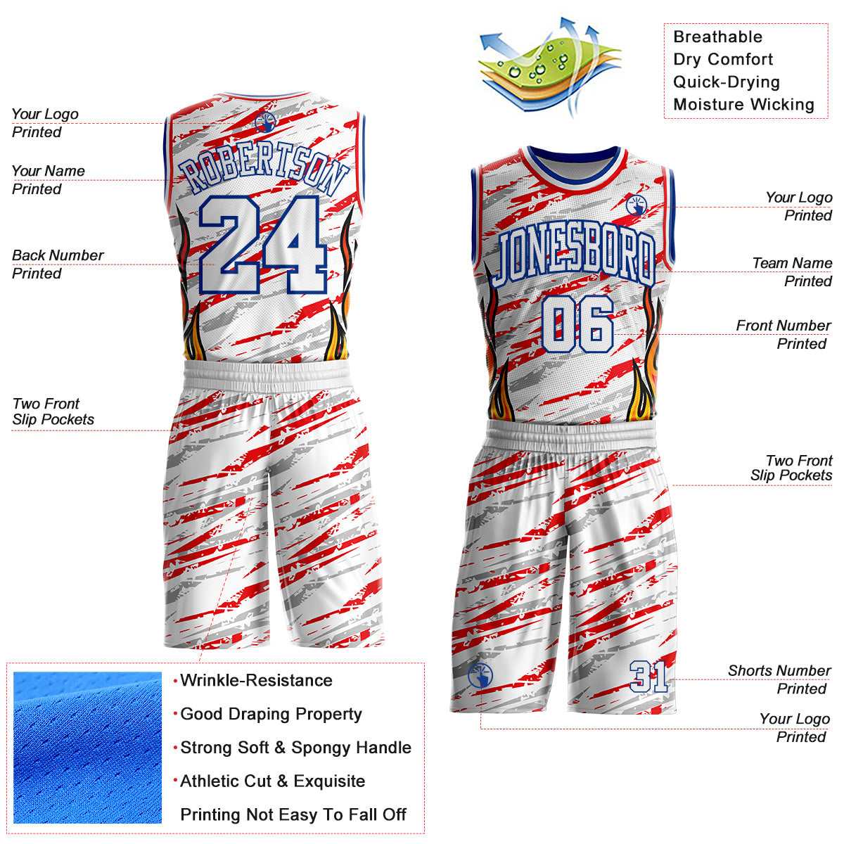 Custom White Royal-Fire Red Irregular Fire Flames Round Neck Sublimation Basketball Uniform Jersey view 2