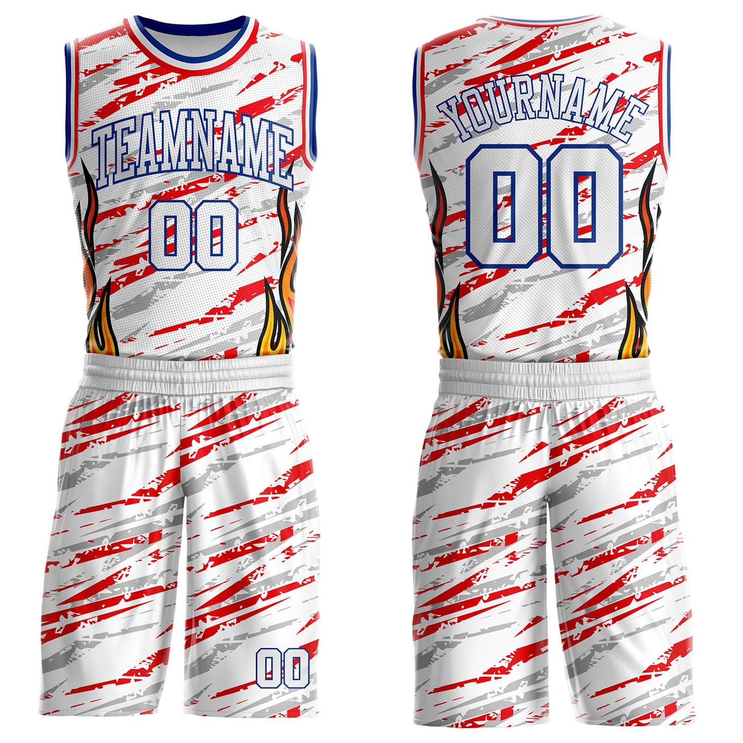 Custom White Royal-Fire Red Irregular Fire Flames Round Neck Sublimation Basketball Uniform Jersey - Main View