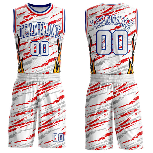 Custom White Royal-Fire Red Irregular Fire Flames Round Neck Sublimation Basketball Uniform Jersey - Main View