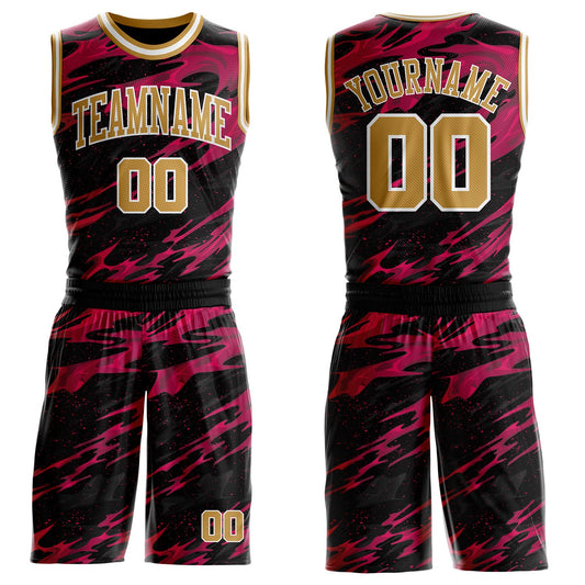 Custom Black Old Gold Hot Pink-White Irregular Fire Flames Round Neck Sublimation Basketball Uniform Jersey - Main View