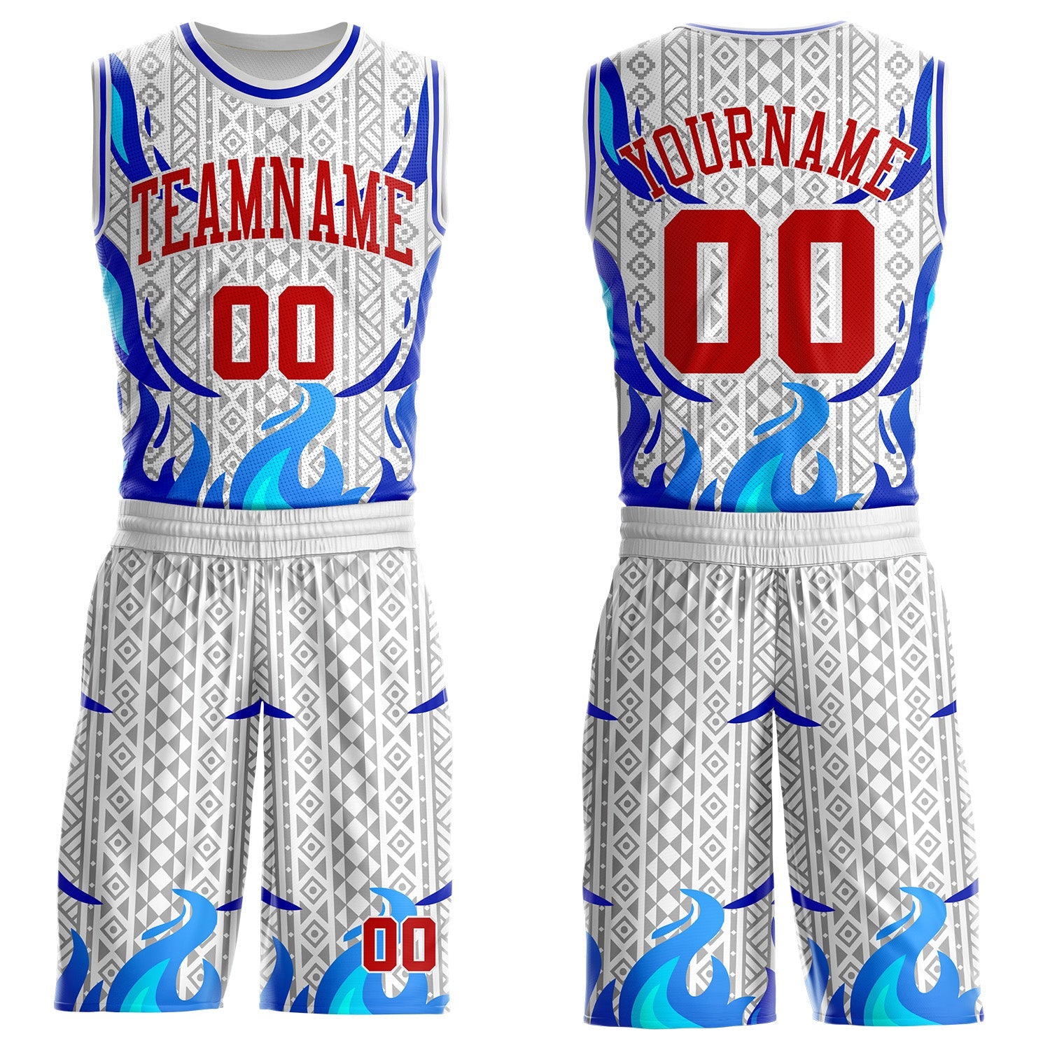 Custom White Red Blue-Gray Irregular Fire Flames Round Neck Sublimation Basketball Uniform Jersey - Main View