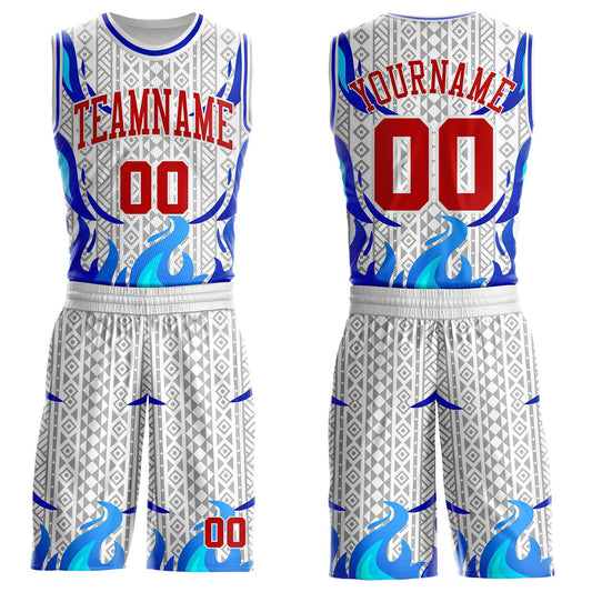 Custom White Red Blue-Gray Irregular Fire Flames Round Neck Sublimation Basketball Uniform Jersey - Main View