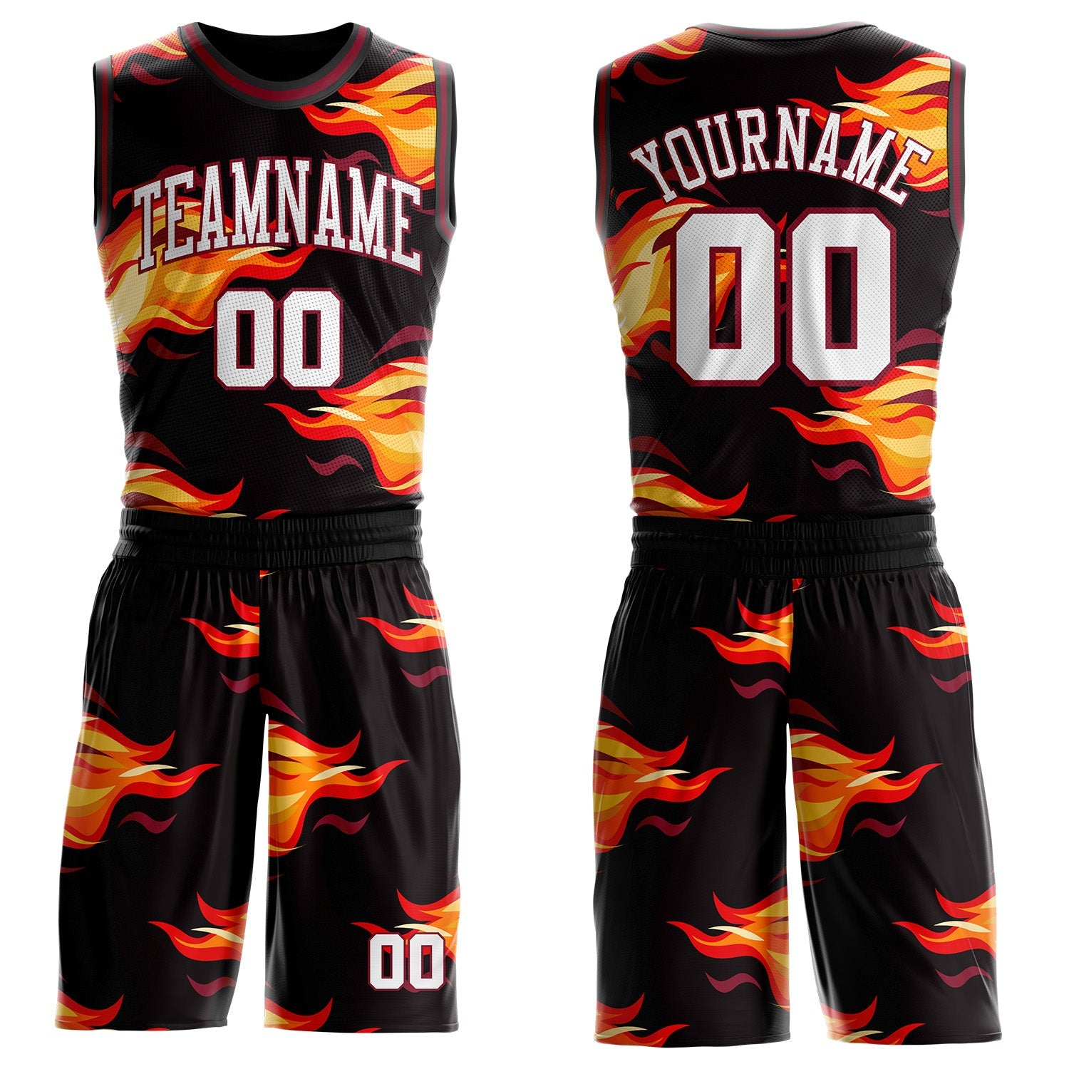 Custom Black White Yellow-Crimson Blazing Flames Round Neck Sublimation Basketball Uniform Jersey - Main View