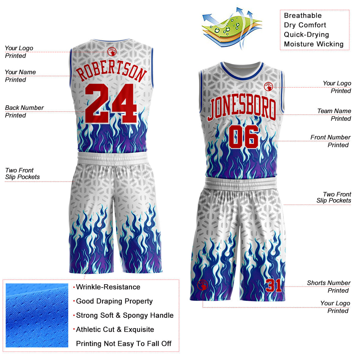 Custom White Red Gray-Royal Blazing Flames Round Neck Sublimation Basketball Uniform Jersey view 2