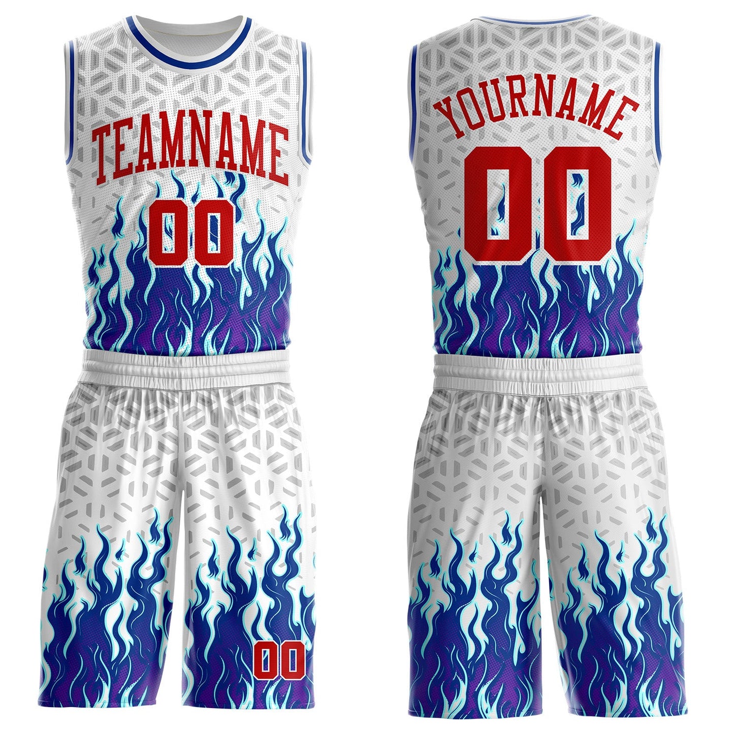 Custom White Red Gray-Royal Blazing Flames Round Neck Sublimation Basketball Uniform Jersey - Main View