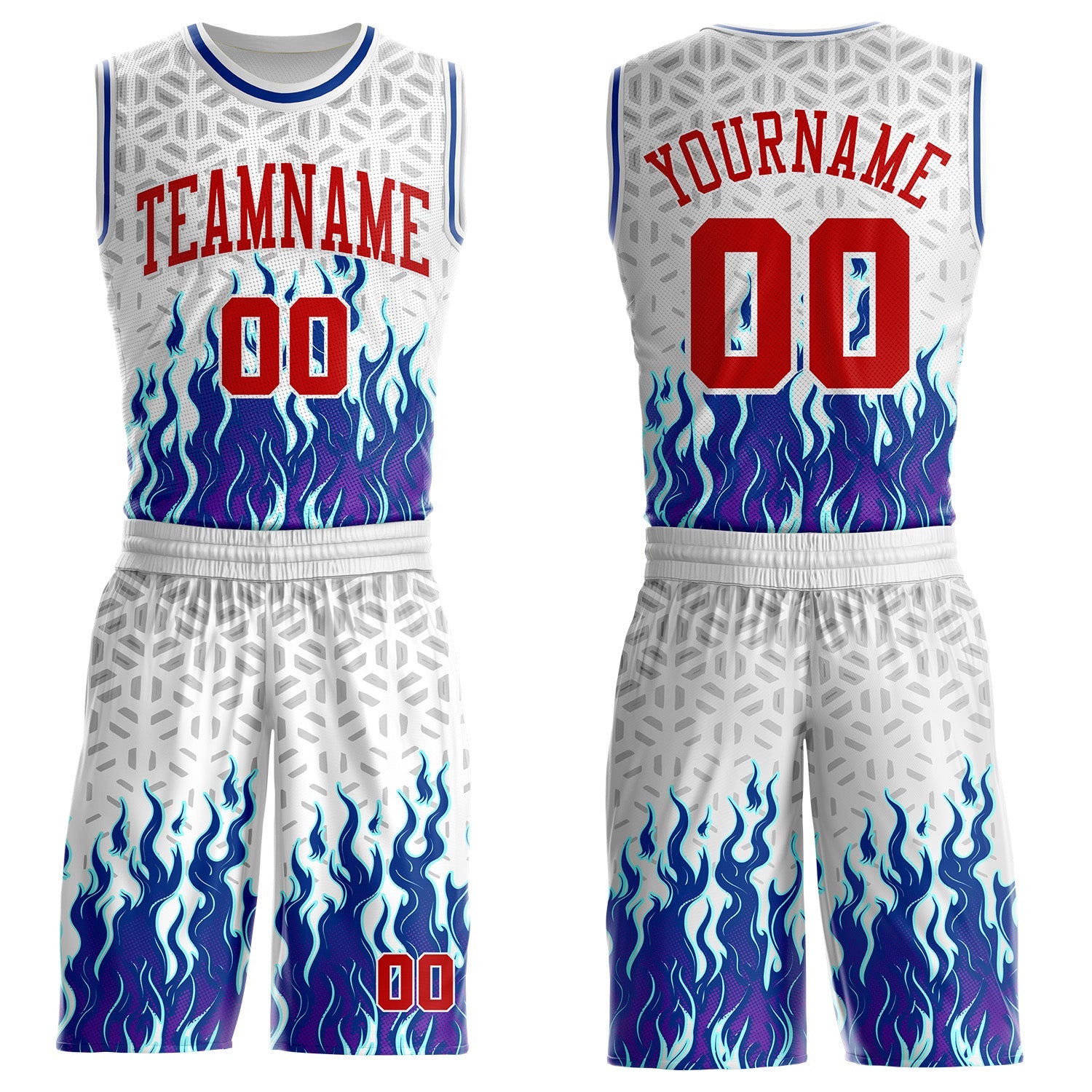 Custom White Red Gray-Royal Blazing Flames Round Neck Sublimation Basketball Uniform Jersey - Main View