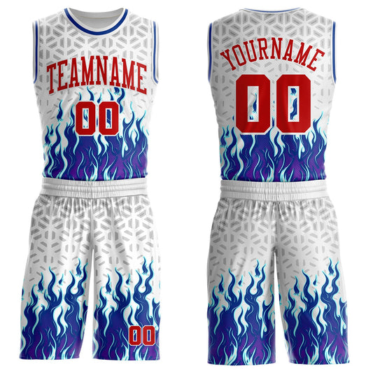 Custom White Red Gray-Royal Blazing Flames Round Neck Sublimation Basketball Uniform Jersey - Main View