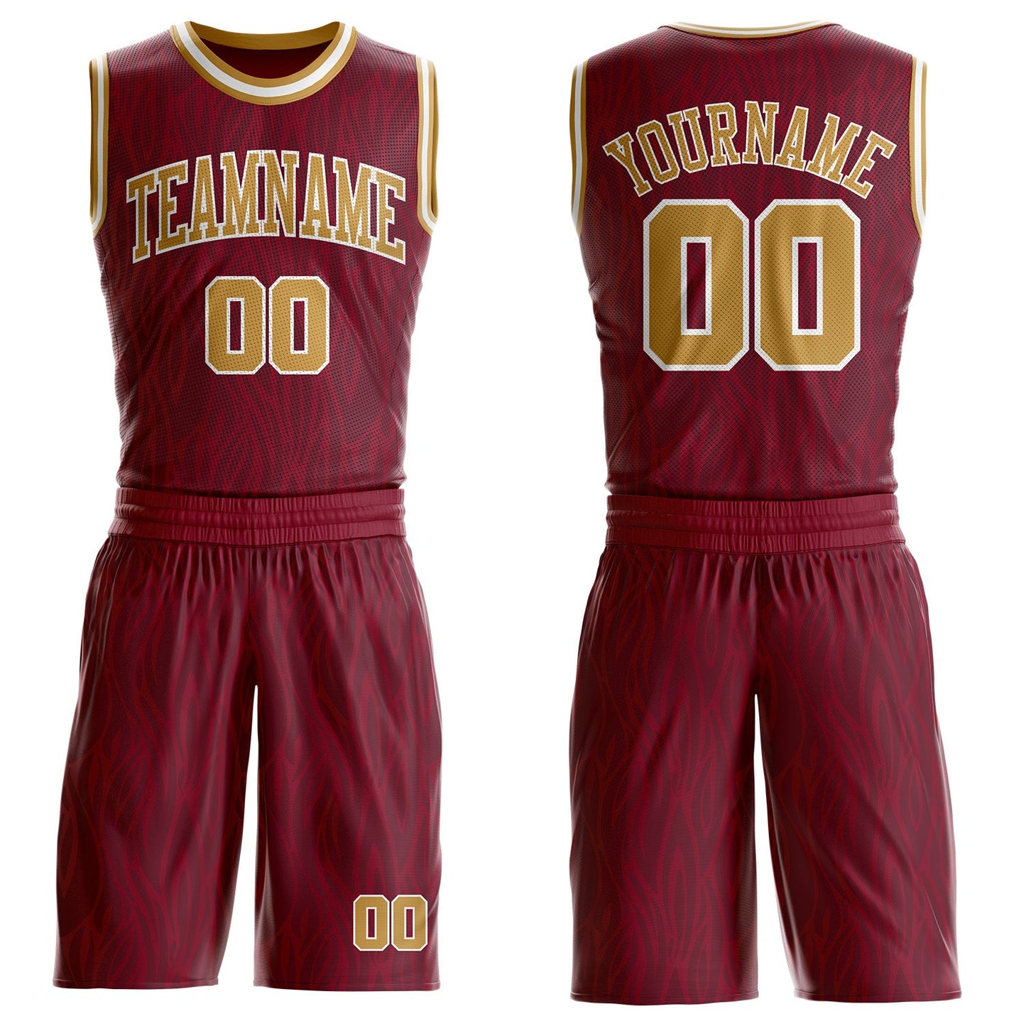 Custom Crimson Old Gold-White Irregular Fire Flames Round Neck Sublimation Basketball Uniform Jersey - Main View