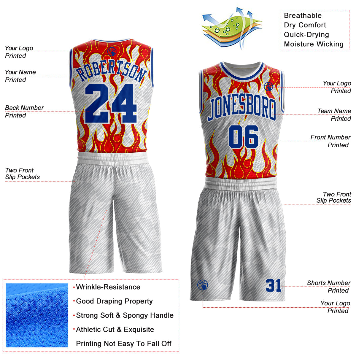 Custom White Royal Gray Red-Yellow Blazing Flames Round Neck Sublimation Basketball Uniform Jersey view 2