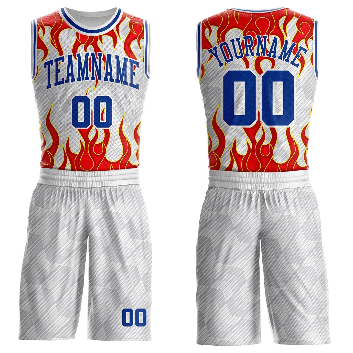 Custom White Royal Gray Red-Yellow Blazing Flames Round Neck Sublimation Basketball Uniform Jersey - Main View
