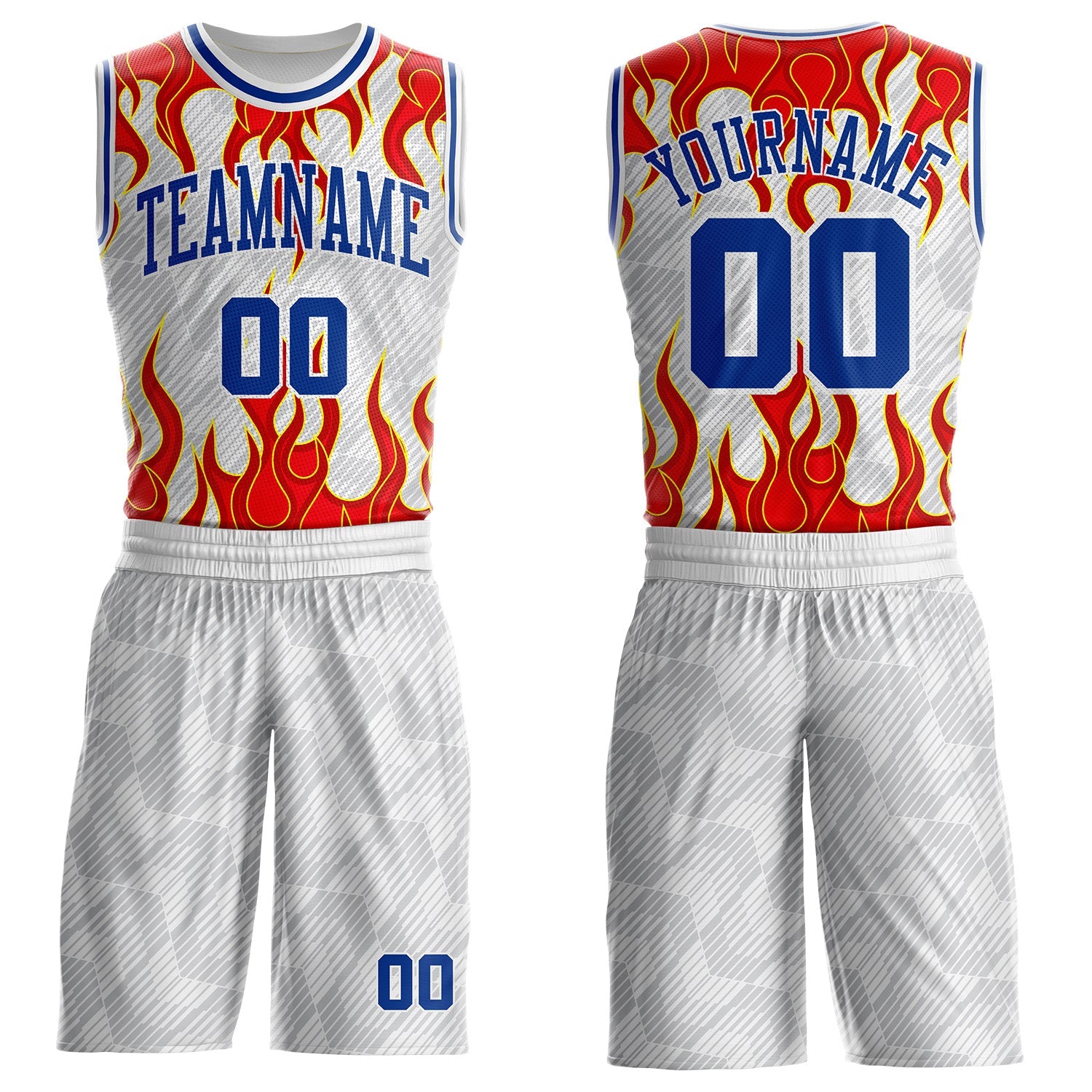 Custom White Royal Gray Red-Yellow Blazing Flames Round Neck Sublimation Basketball Uniform Jersey - Main View