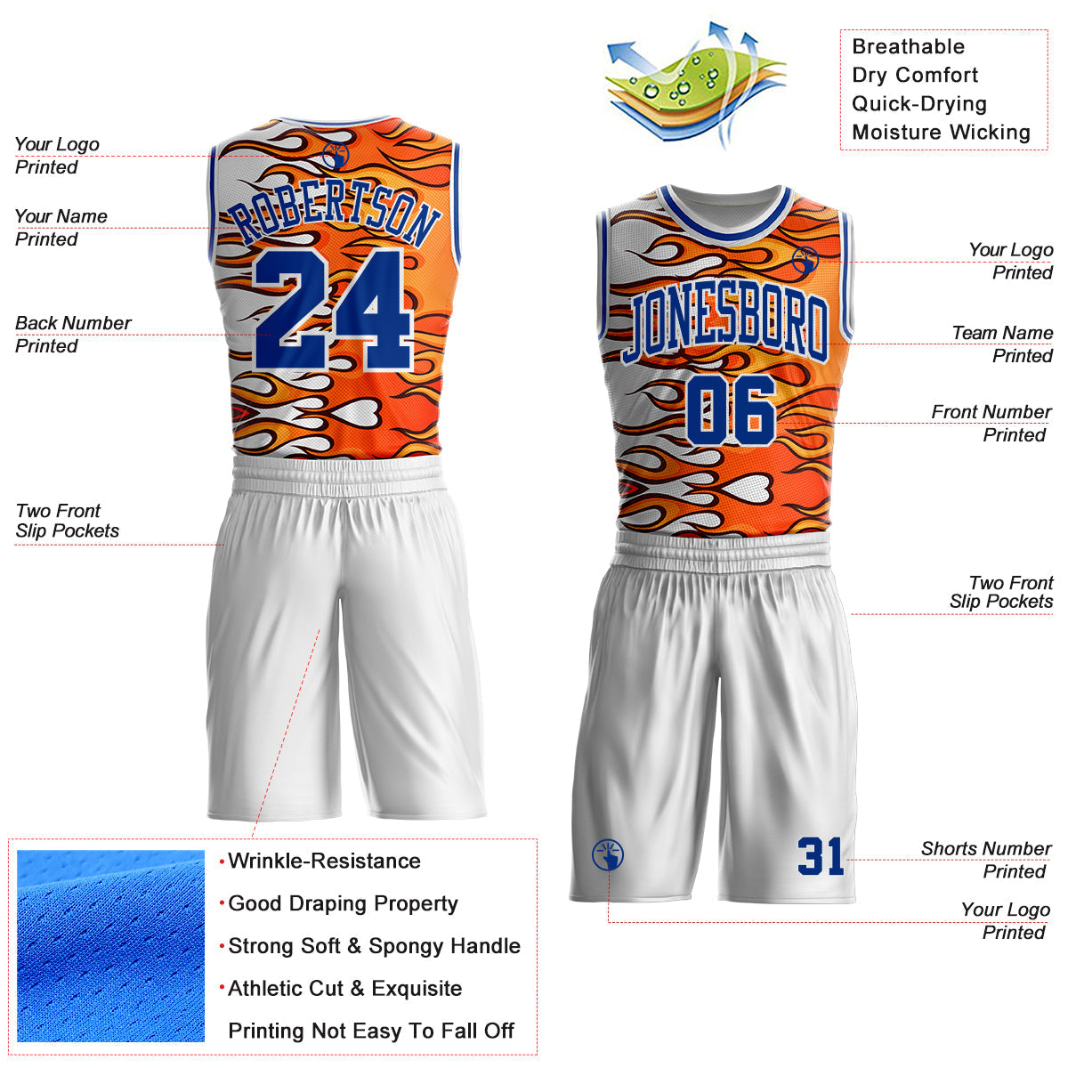 Custom White Royal-Orange Blazing Flames Round Neck Sublimation Basketball Uniform Jersey view 2