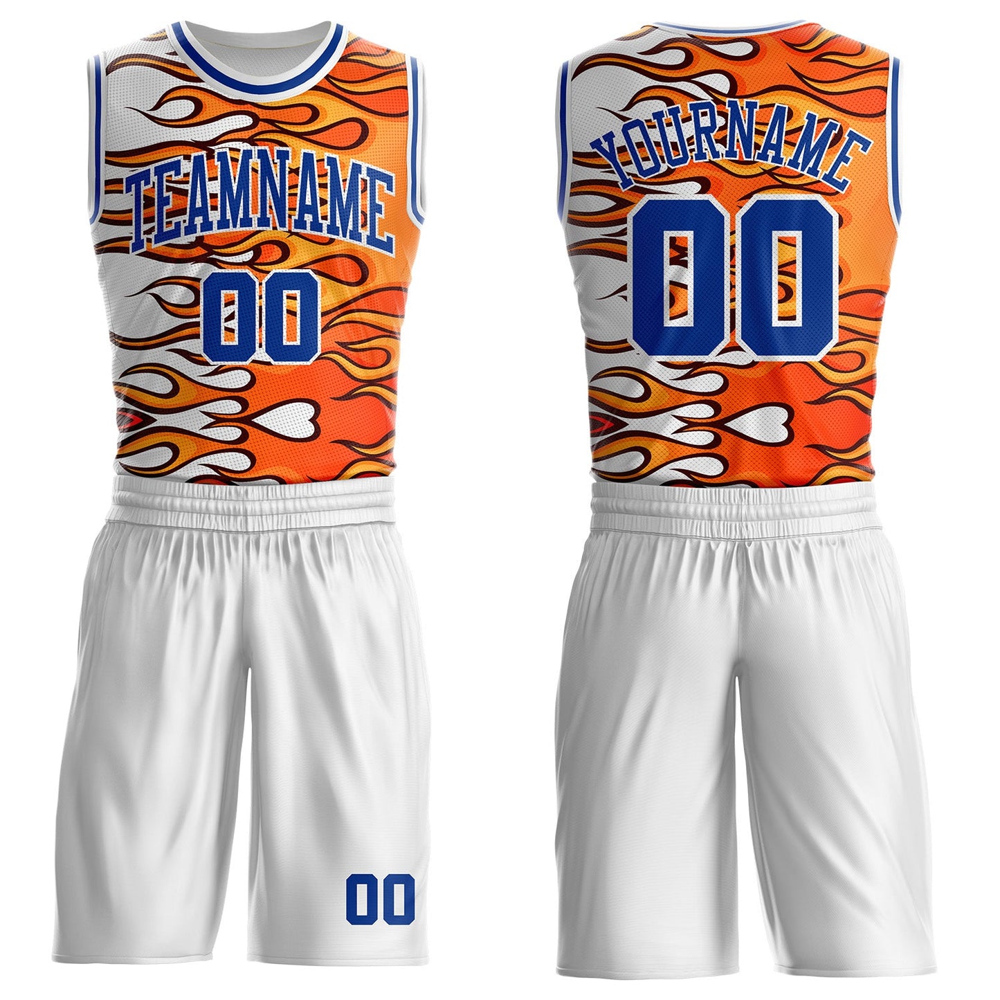 Custom White Royal-Orange Blazing Flames Round Neck Sublimation Basketball Uniform Jersey - Main View