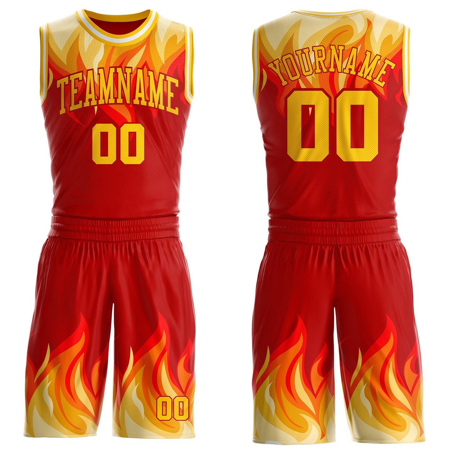 Custom Red Yellow-White Blazing Flames Round Neck Sublimation Basketball Uniform Jersey - Main View