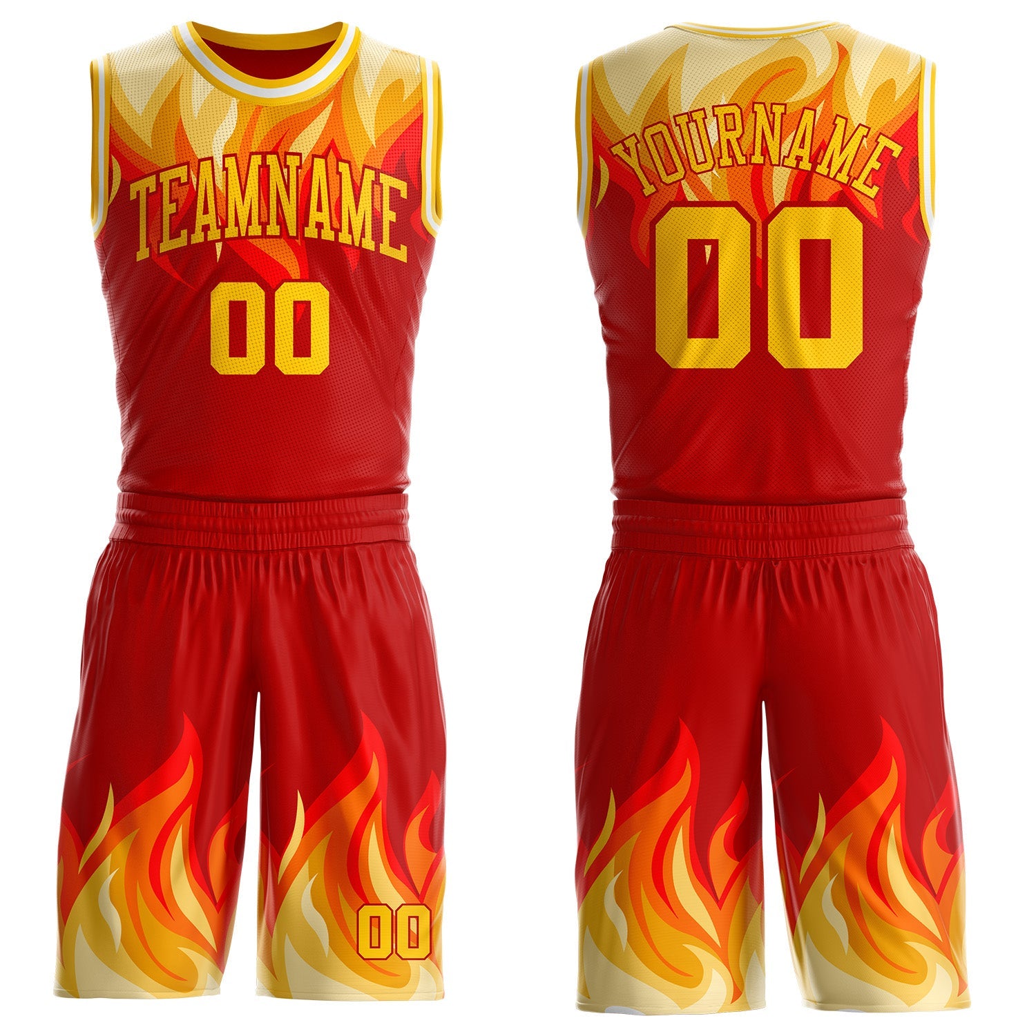 Custom Red Yellow-White Blazing Flames Round Neck Sublimation Basketball Uniform Jersey - Main View
