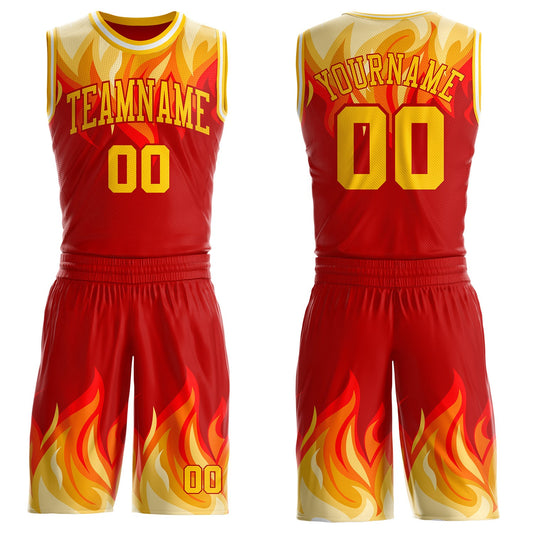 Custom Red Yellow-White Blazing Flames Round Neck Sublimation Basketball Uniform Jersey - Main View