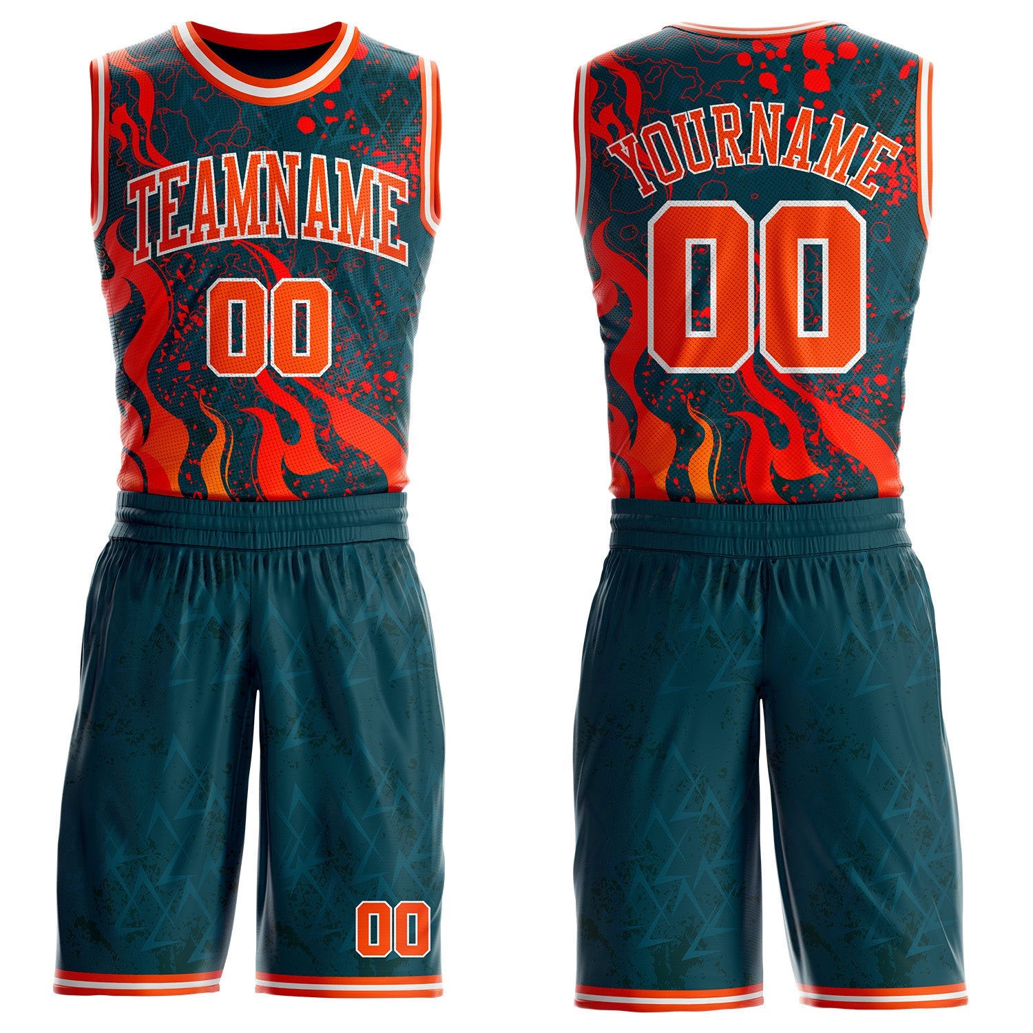 Custom Blue Orange Red-White Irregular Fire Flames Round Neck Sublimation Basketball Uniform Jersey - Main View