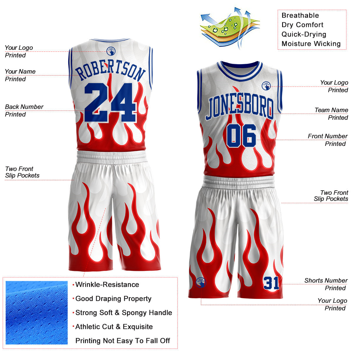 Custom White Royal-Red Blazing Flames Round Neck Sublimation Basketball Uniform Jersey view 2