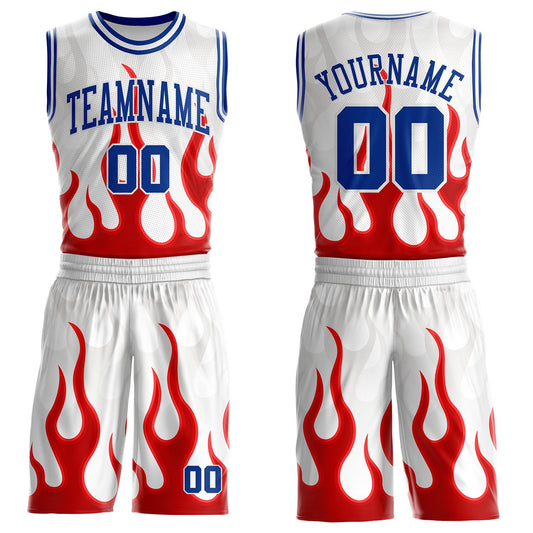 Custom White Royal-Red Blazing Flames Round Neck Sublimation Basketball Uniform Jersey - Main View