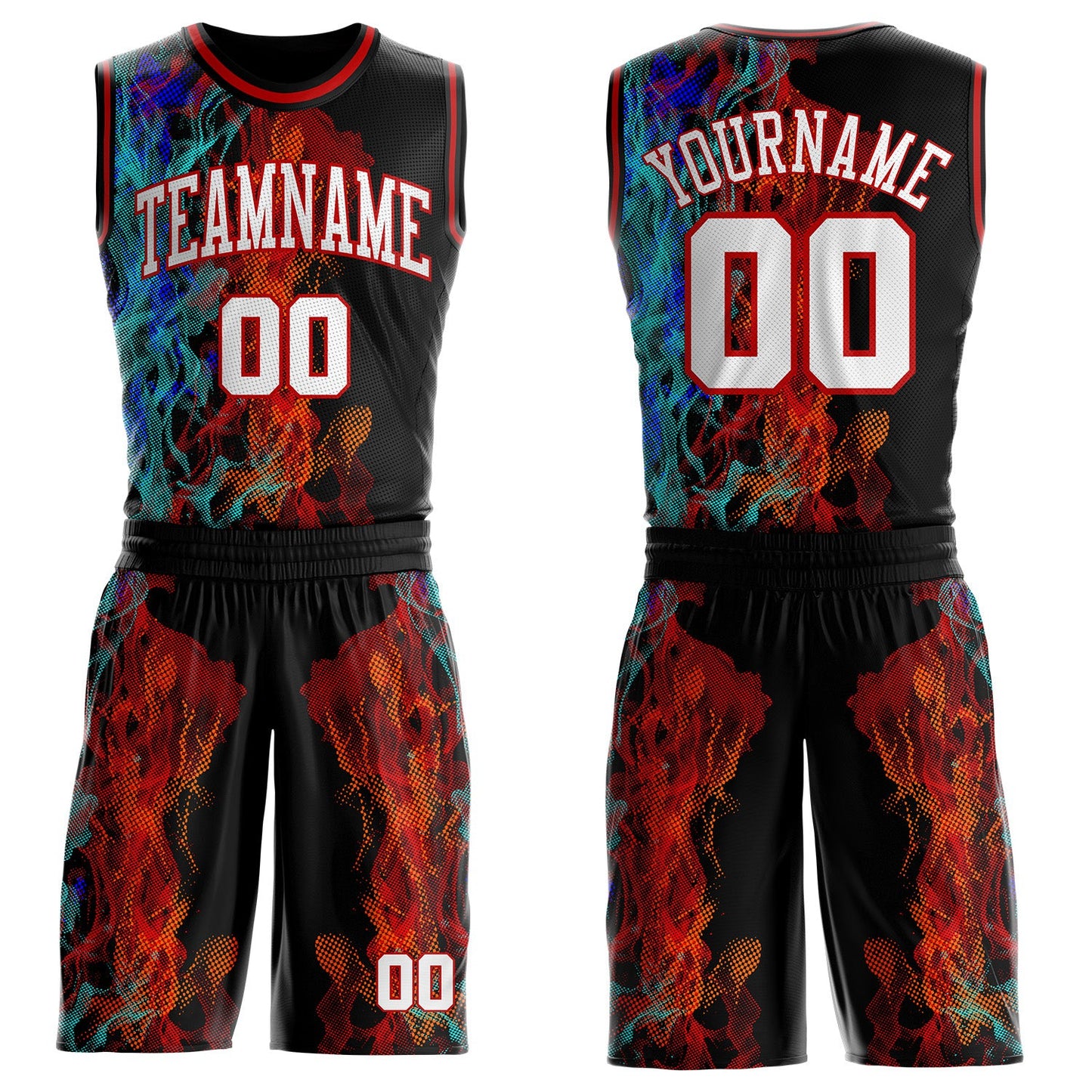 Custom Black White Blue-Red Blazing Flames Round Neck Sublimation Basketball Uniform Jersey - Main View
