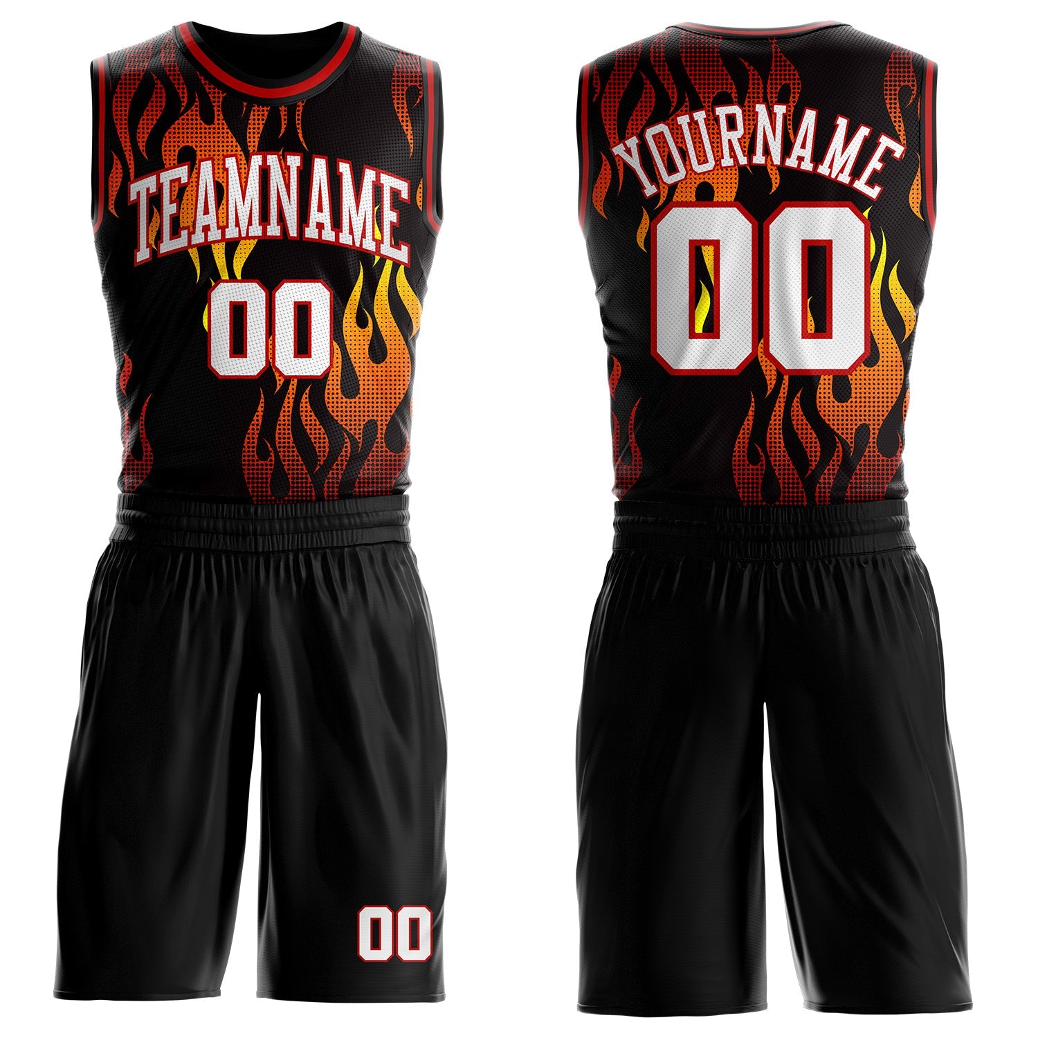 Custom Black White Yellow-Red Irregular Fire Flames Round Neck Sublimation Basketball Uniform Jersey - Main View