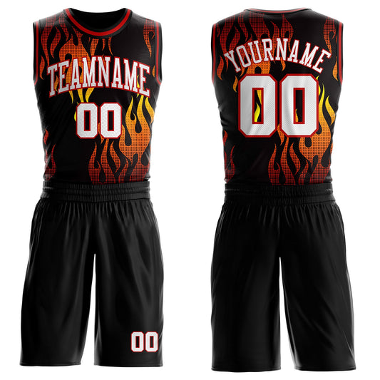 Custom Black White Yellow-Red Irregular Fire Flames Round Neck Sublimation Basketball Uniform Jersey - Main View