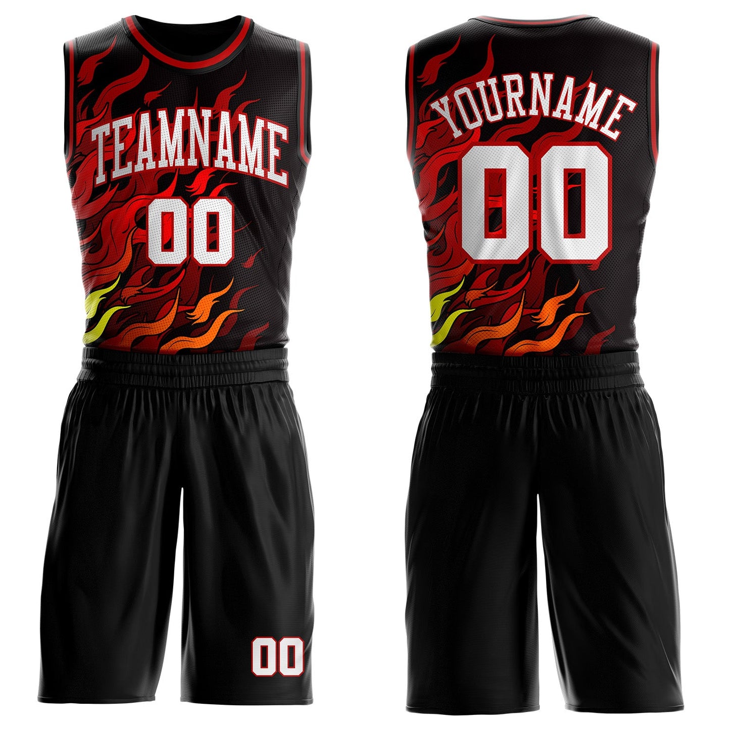 Custom Black White Yellow-Red Irregular Fire Flames Round Neck Sublimation Basketball Uniform Jersey - Main View