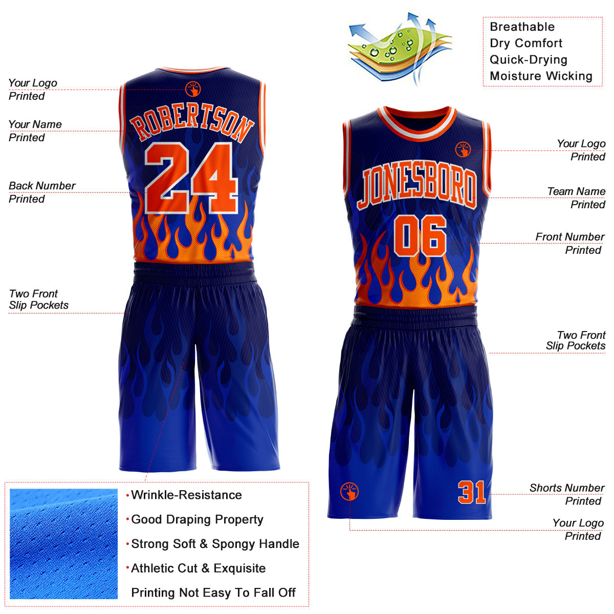 Custom Blue Orange-White Irregular Fire Flames Round Neck Sublimation Basketball Uniform Jersey view 2