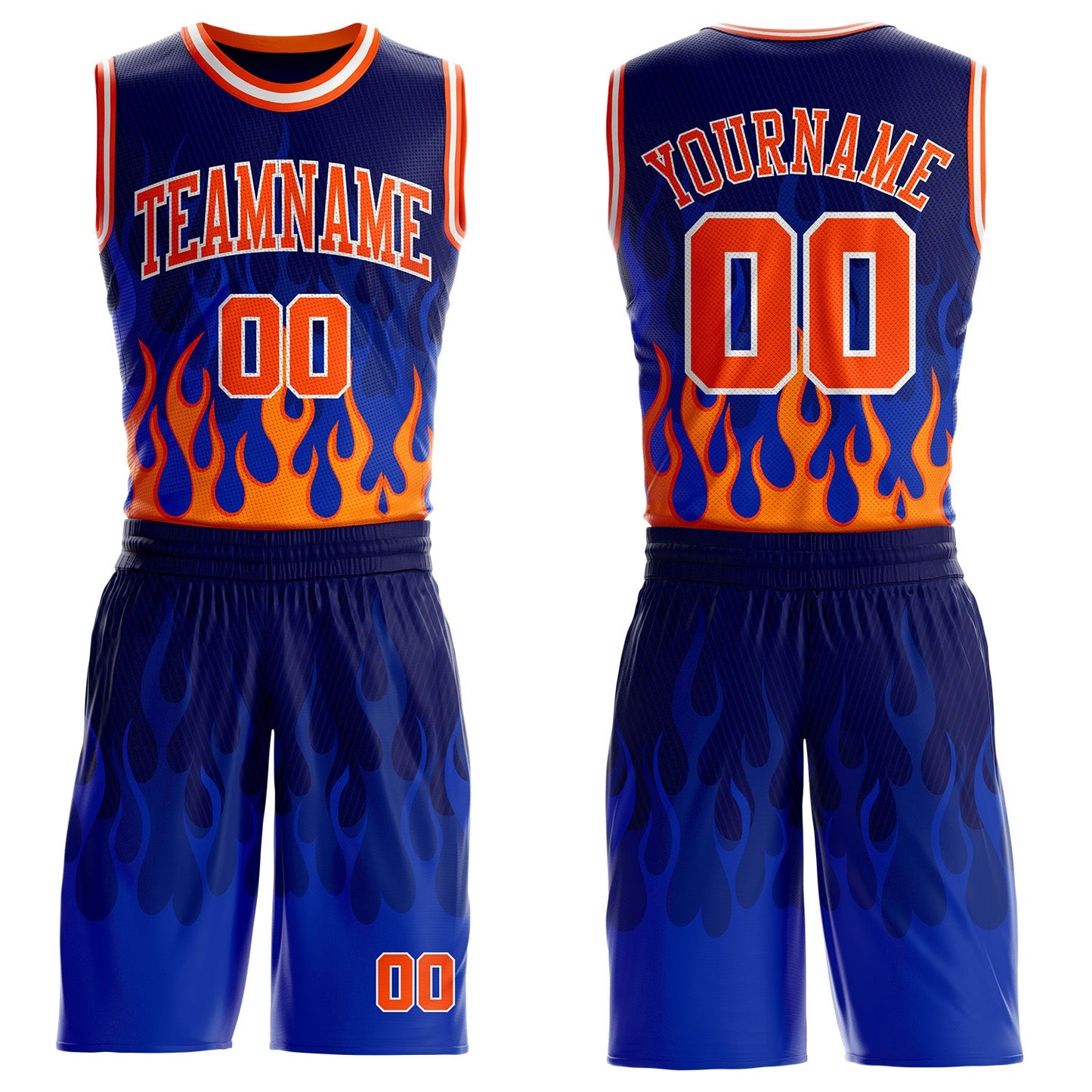 Custom Blue Orange-White Irregular Fire Flames Round Neck Sublimation Basketball Uniform Jersey - Main View