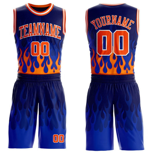 Custom Blue Orange-White Irregular Fire Flames Round Neck Sublimation Basketball Uniform Jersey - Main View