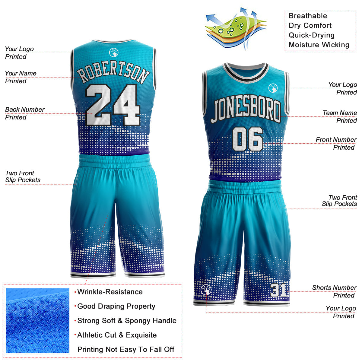 Custom Lakes Blue White Dark Purple-Black Gradient Dot Round Neck Sublimation Basketball Uniform Jersey view 2