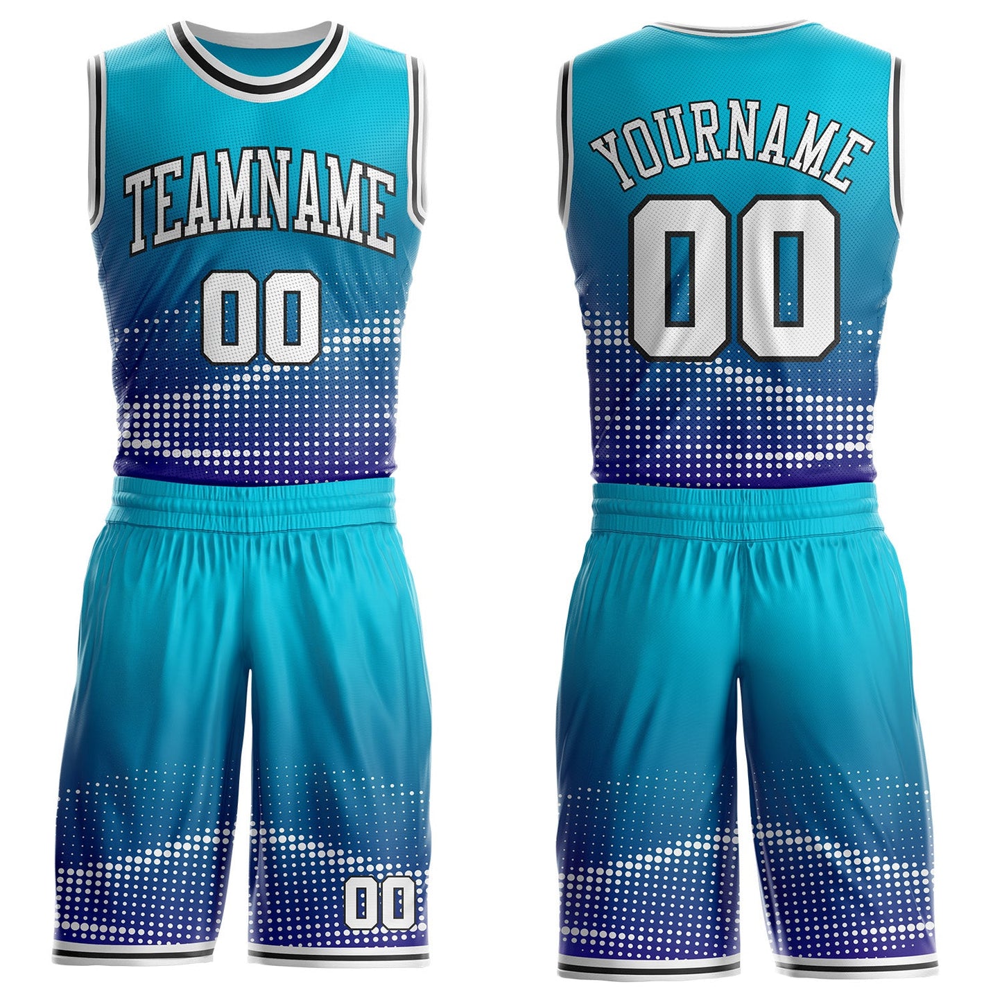 Custom Lakes Blue White Dark Purple-Black Gradient Dot Round Neck Sublimation Basketball Uniform Jersey - Main View