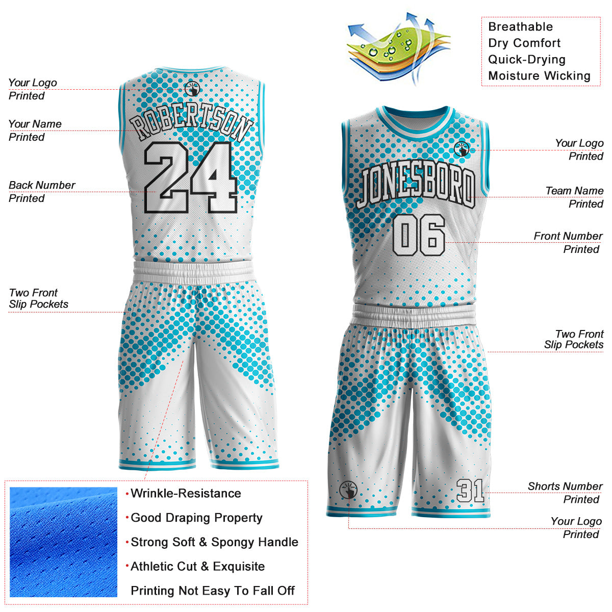 Custom White Lakes Blue-Black Gradient Dot Round Neck Sublimation Basketball Uniform Jersey view 2