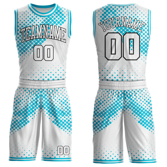 Custom White Lakes Blue-Black Gradient Dot Round Neck Sublimation Basketball Uniform Jersey - Main View